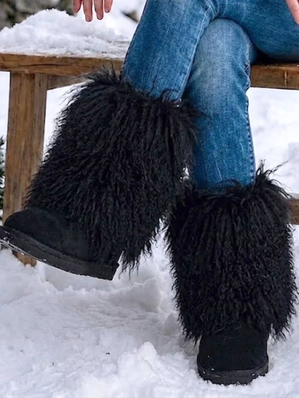 Bearpaw Boetis Black Curly Lamb Fur Sheepskin Lined Sherpa Boho Boots 6 NEW